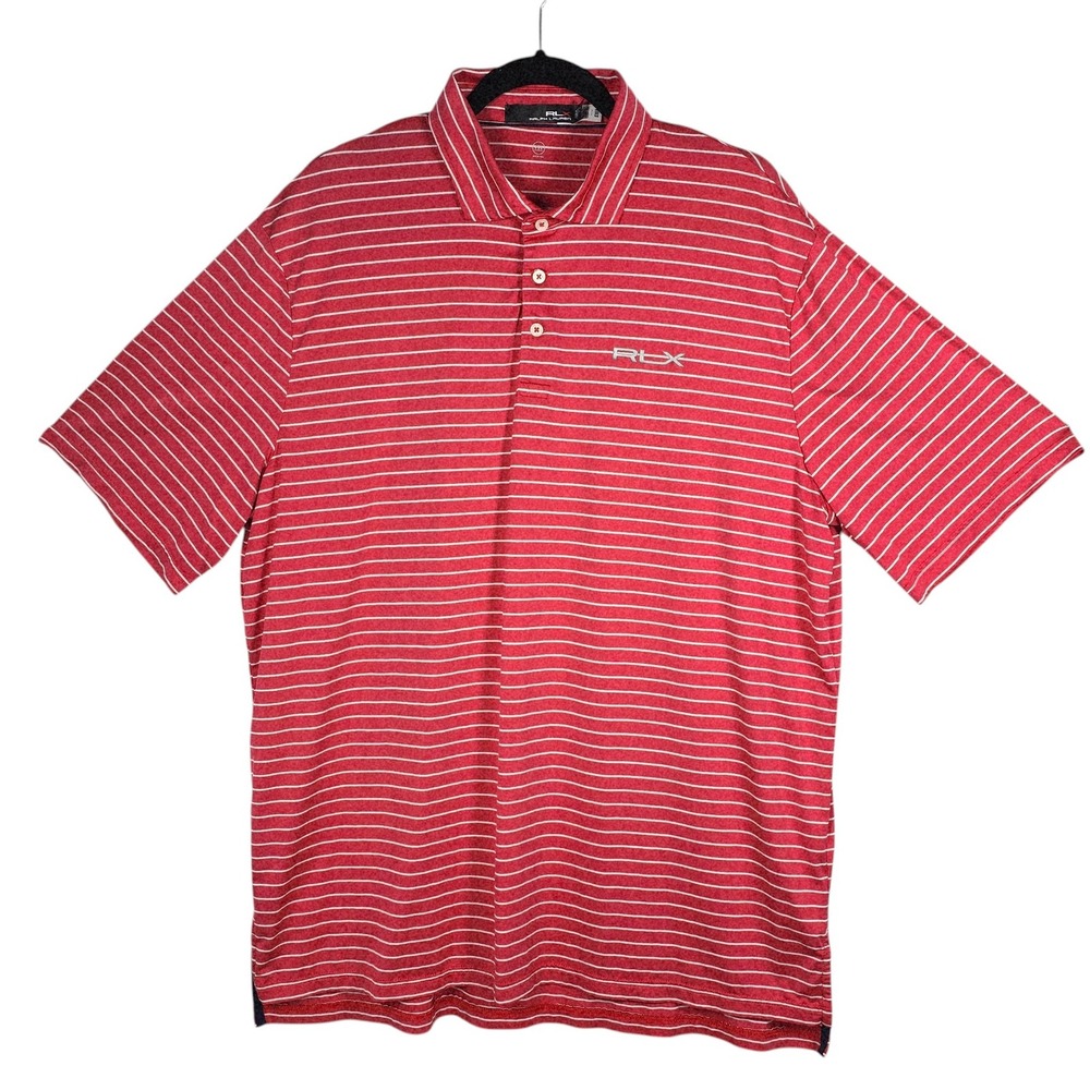 RLX Ralph Lauren Mens XL Red White Striped Golf Polo Shirt Moisture Wicking Logo